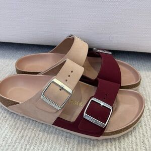 Nearly new pale pink and burgundy Birkenstock sandals